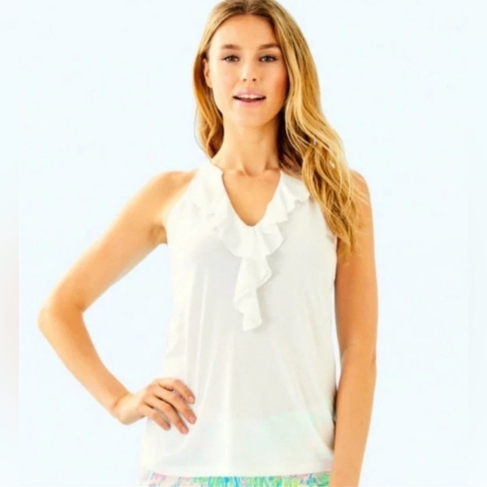Lilly Pulitzer Shay Ruffled Neck Tank Top Halter White Pima Cotton Size XXS